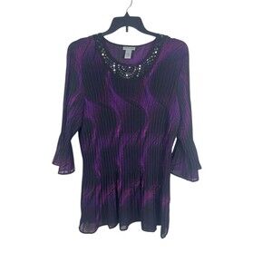 Catherines Maggie Barnes 2X Accordion Pleated Blouse Purple Black Tunic Sheer